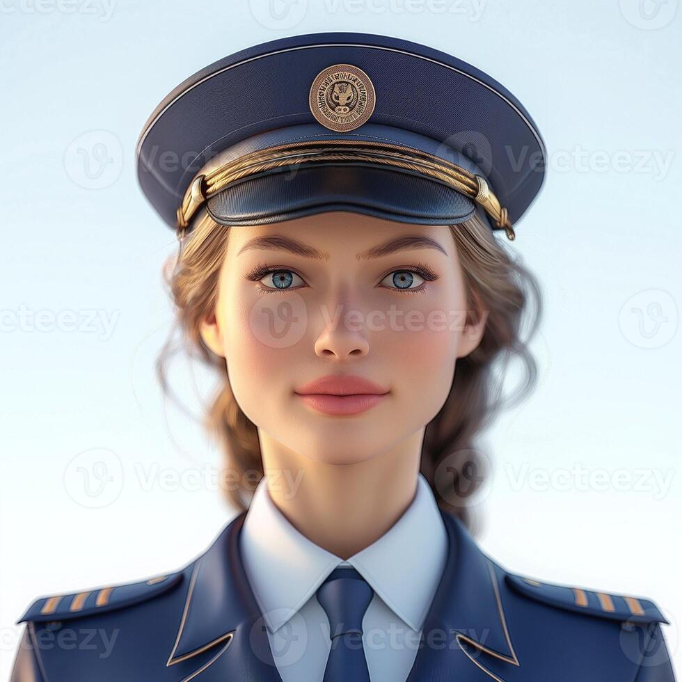 A confident young woman in a pilot uniform, showcasing professionalism and dedication. photo