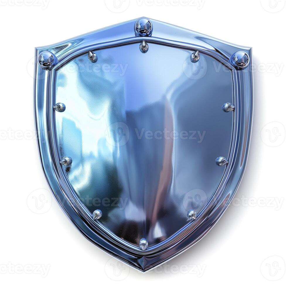 A shiny, metallic shield with a polished surface and decorative rivets, symbolizing strength and protection. photo