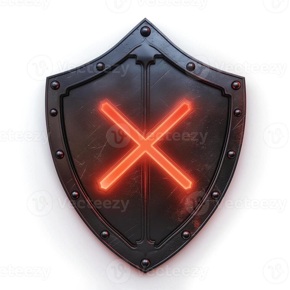 A metallic shield featuring a bold red crossed design, exuding a sense of protection and strength. photo