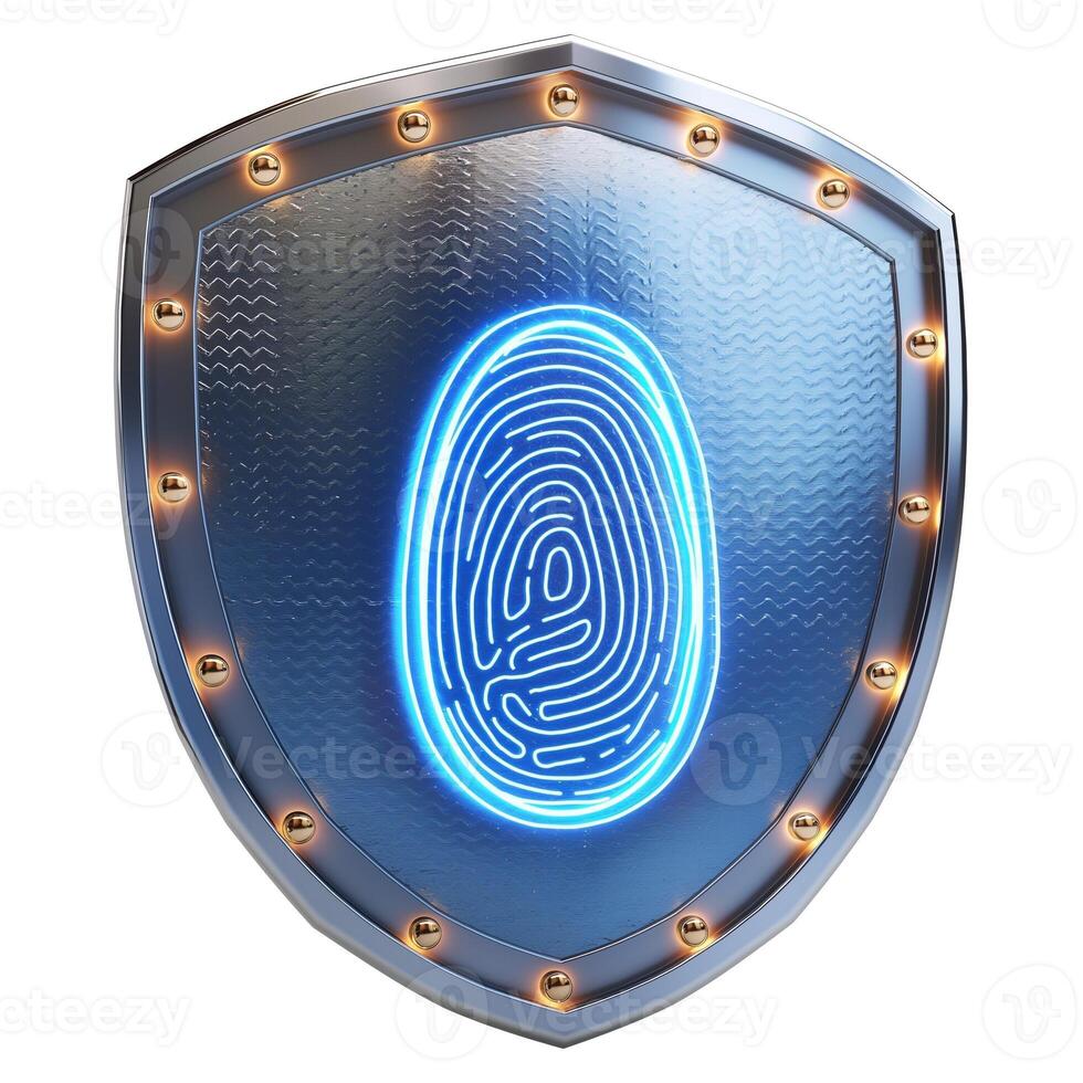 A futuristic shield featuring a glowing fingerprint design, symbolizing advanced security technology. photo