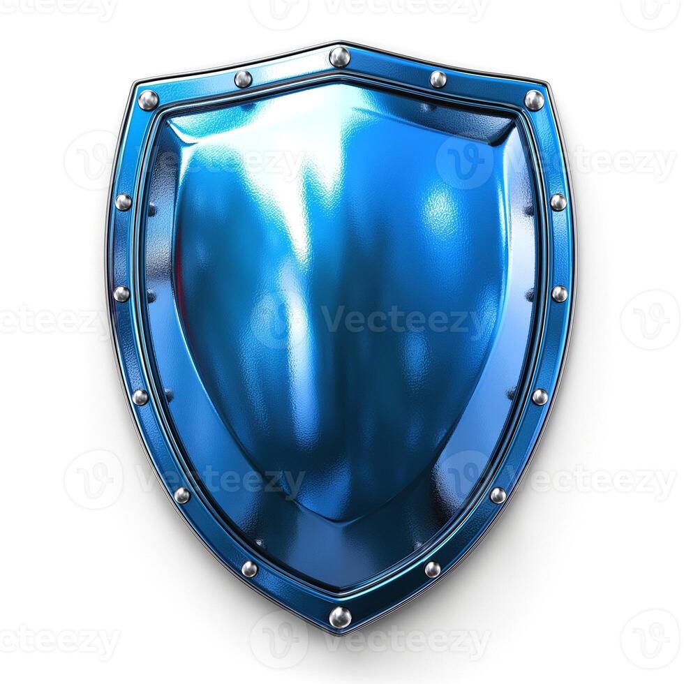 A shiny blue shield with an elegant metallic finish and rivets, representing strength and protection. photo
