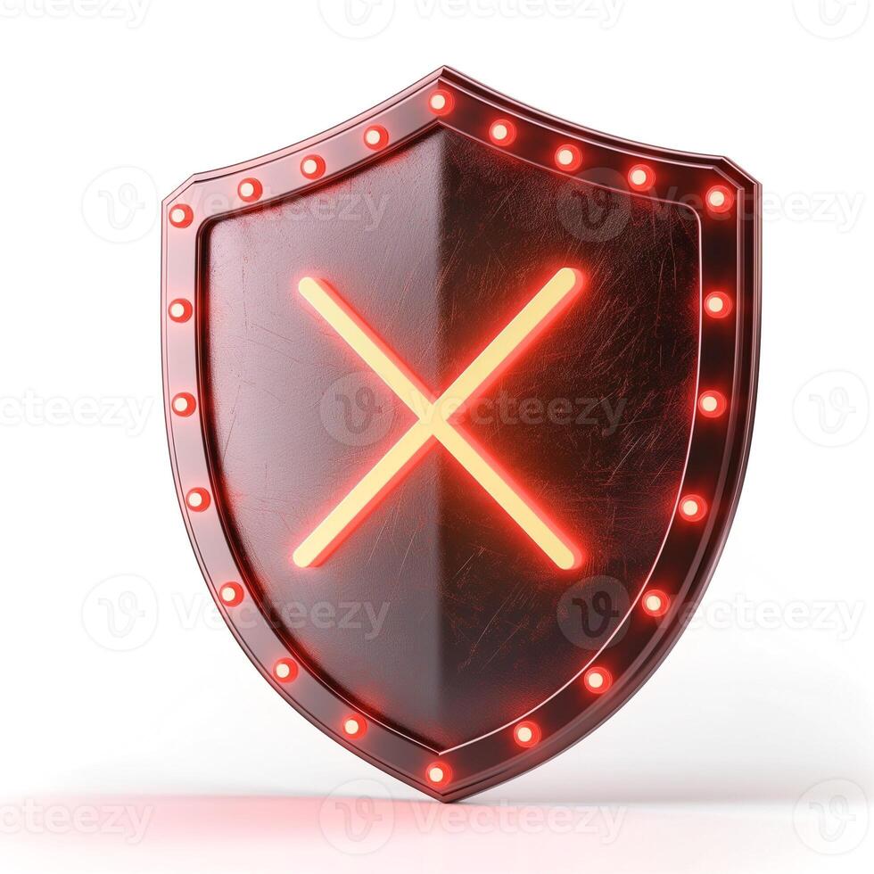 A shiny, red shield with a glowing 'X' symbol, conveying a sense of warning or prohibition. photo