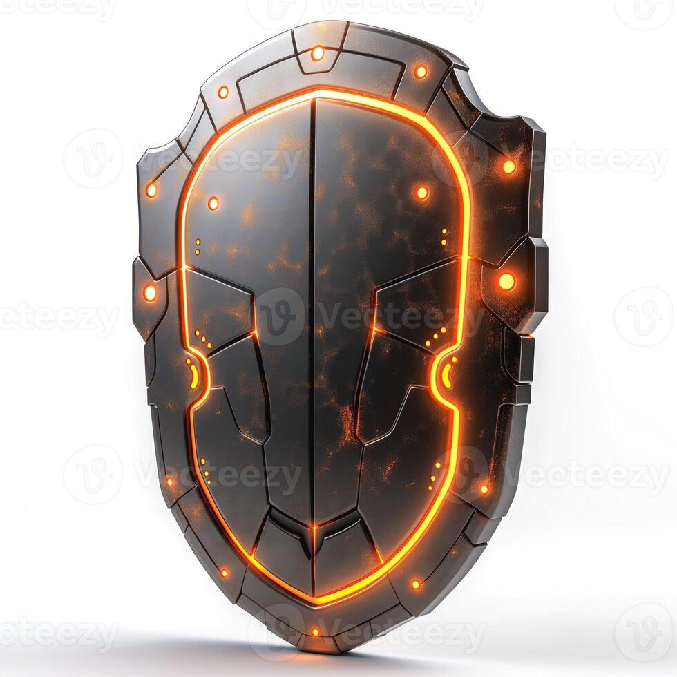 Futuristic metallic shield with glowing orange accents, designed for a sci-fi theme. photo