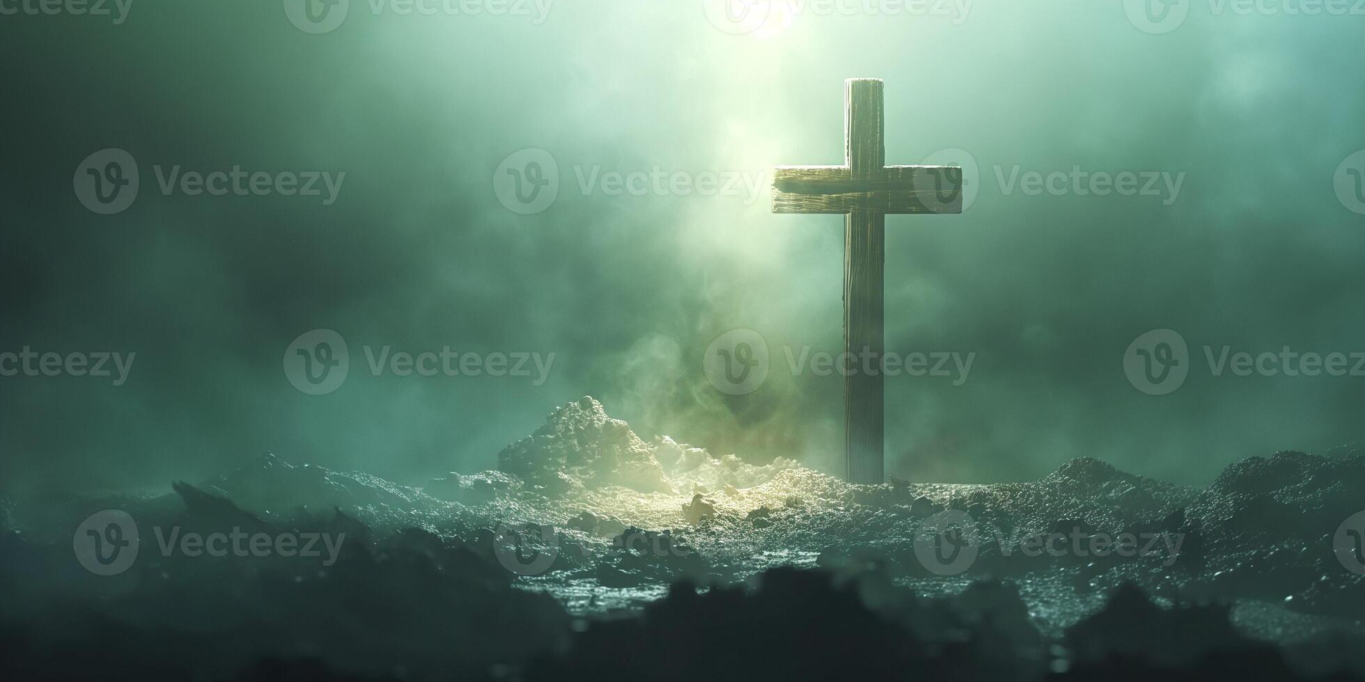 A serene wooden cross stands amidst a foggy, ethereal landscape, symbolizing hope and spirituality. photo