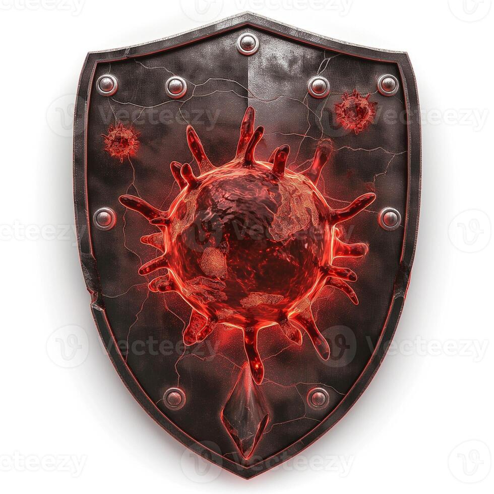 A striking shield design featuring a menacing virus illustration, symbolizing protection against disease. photo