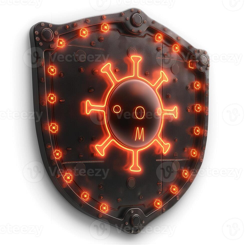 A striking black shield with a glowing orange virus symbol, conveying a theme of cybersecurity and protection. photo
