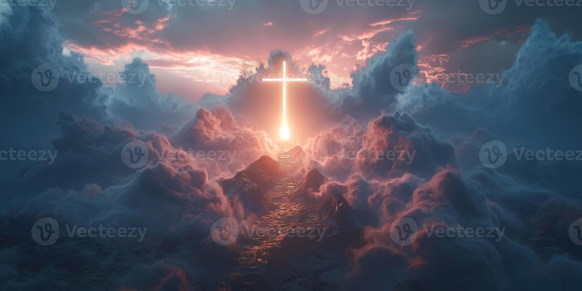A radiant cross emerges through clouds, symbolizing hope and tranquility in a serene sky at sunrise. photo