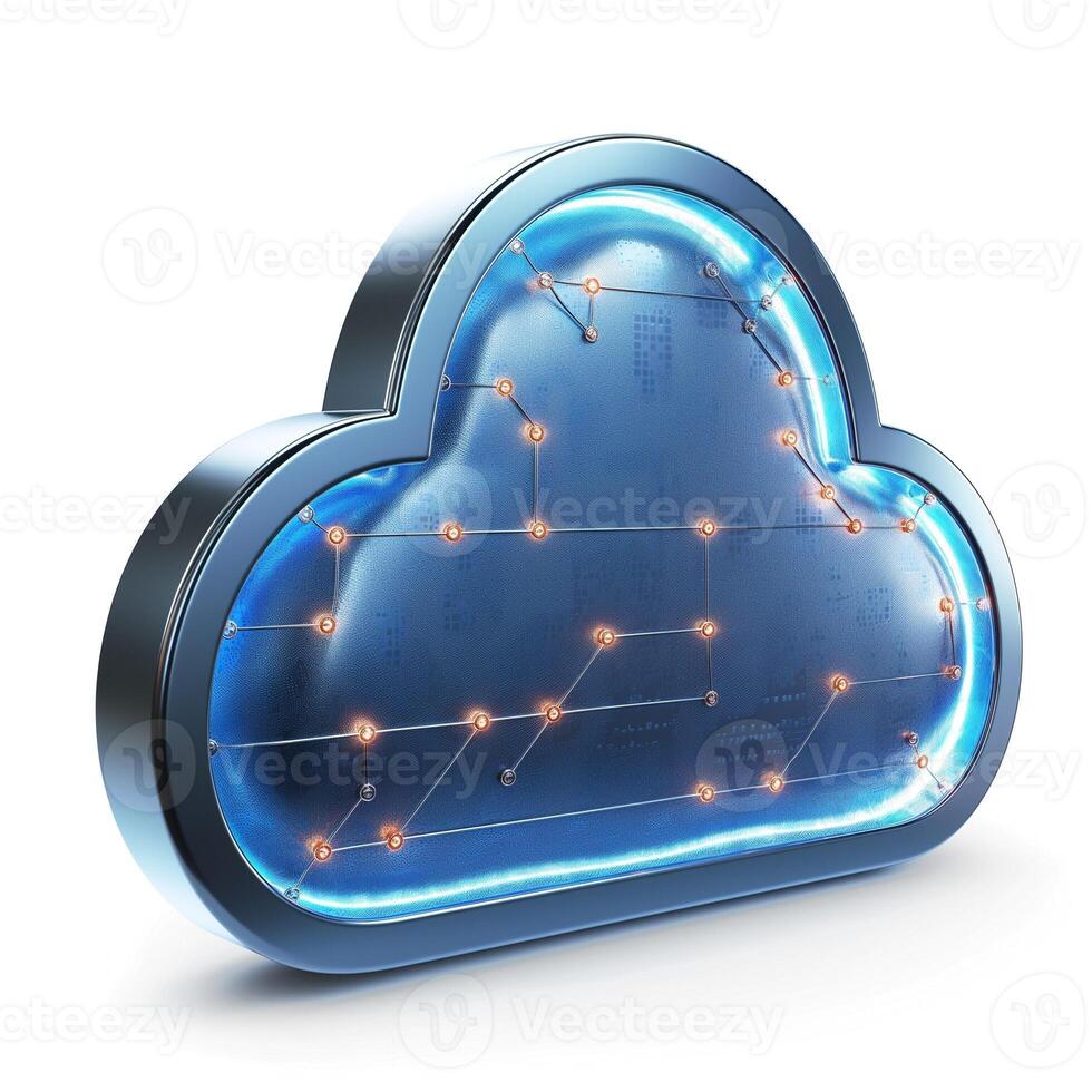 A futuristic 3D cloud symbol with glowing circuitry detailing, representing cloud technology and data storage. photo
