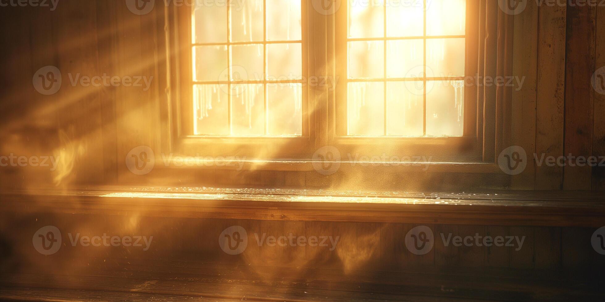 Golden sunlight streaming through a cozy window, illuminating the rustic wooden interior with a warm glow. photo