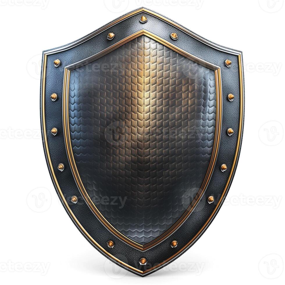 A detailed metallic shield featuring a textured surface, enhanced with brass studs and an ornate border, embodying strength and protection. photo