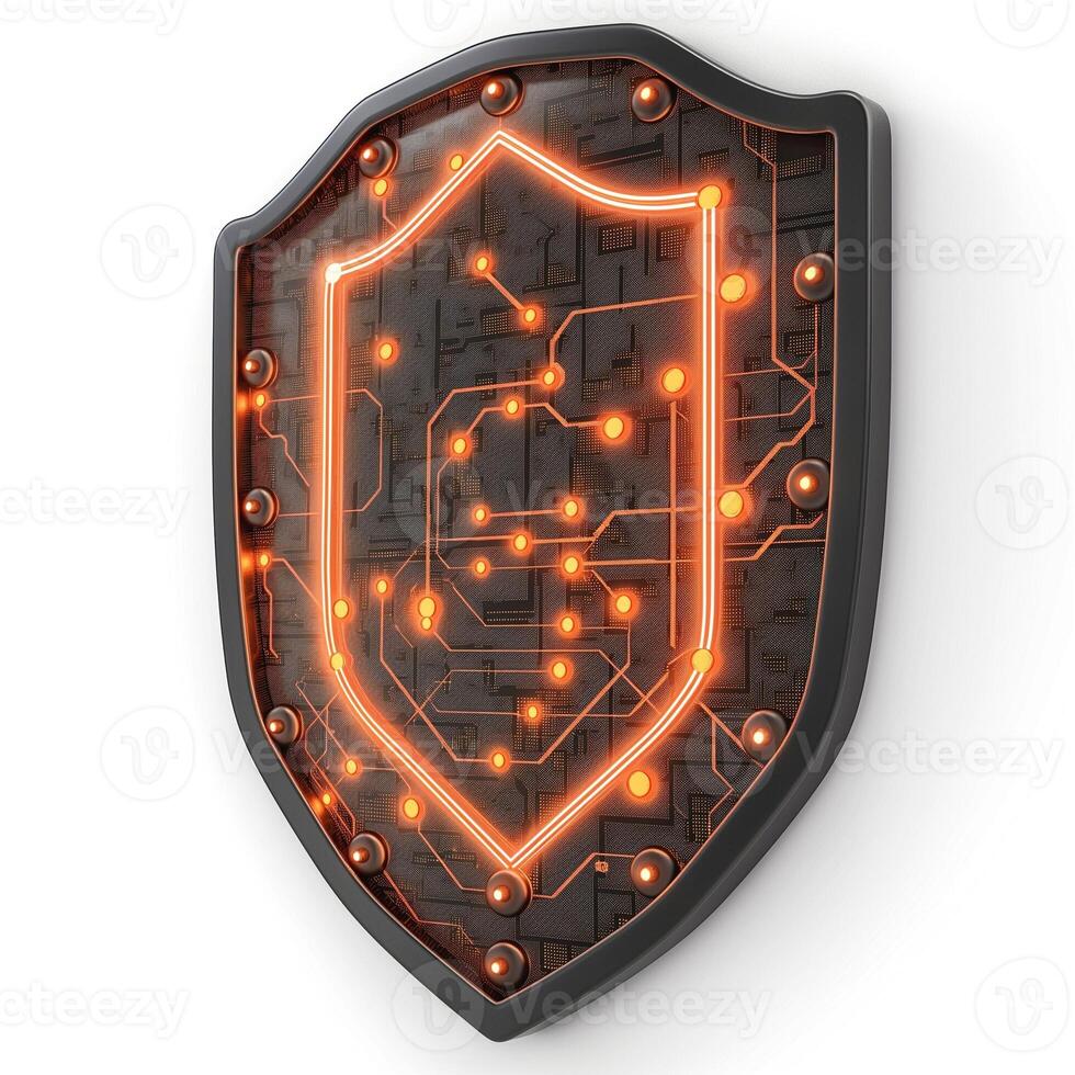 A futuristic shield emblem with glowing circuit patterns, symbolizing digital security and protection. photo