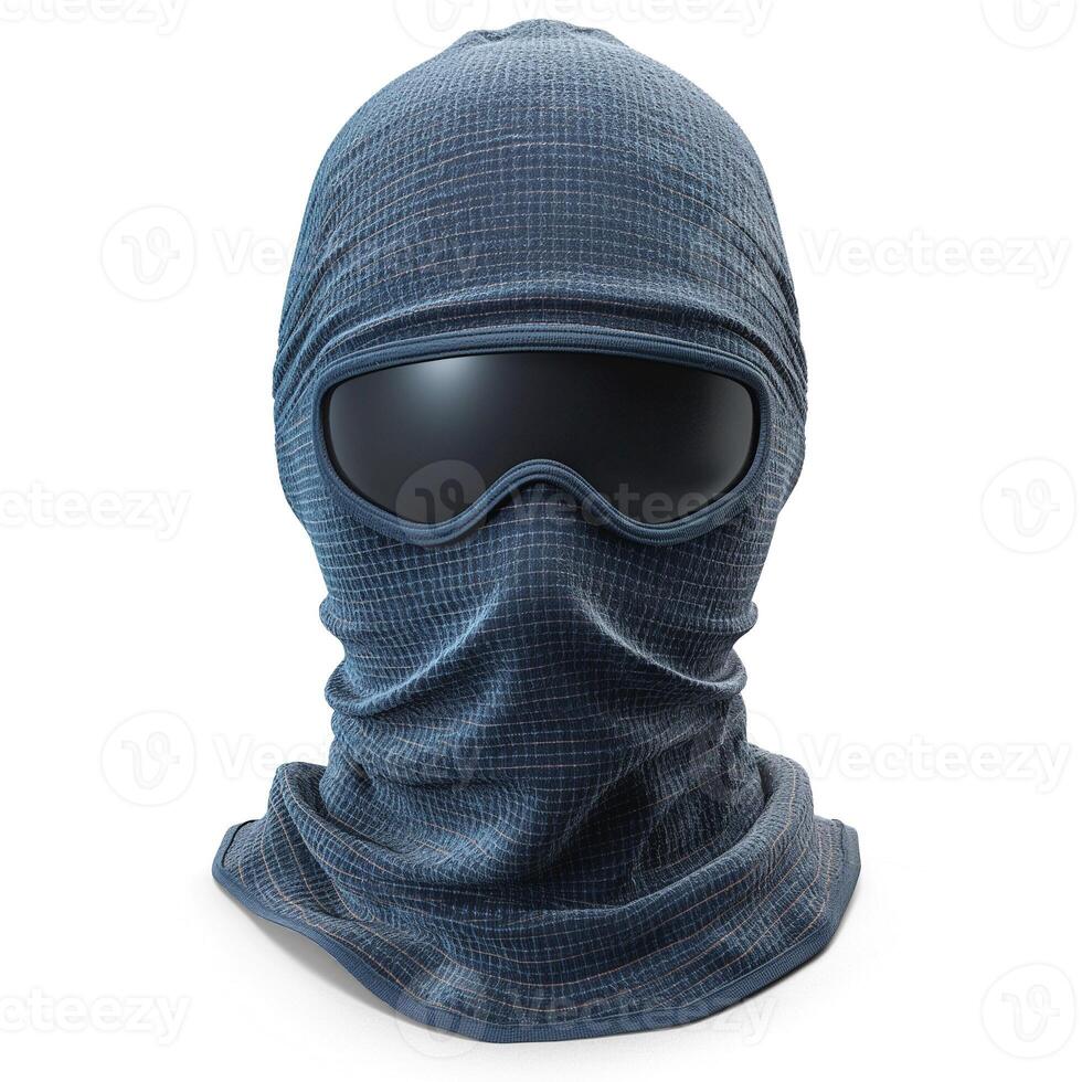 A mysterious masked figure dressed in a blue patterned balaclava and sleek black goggles. photo