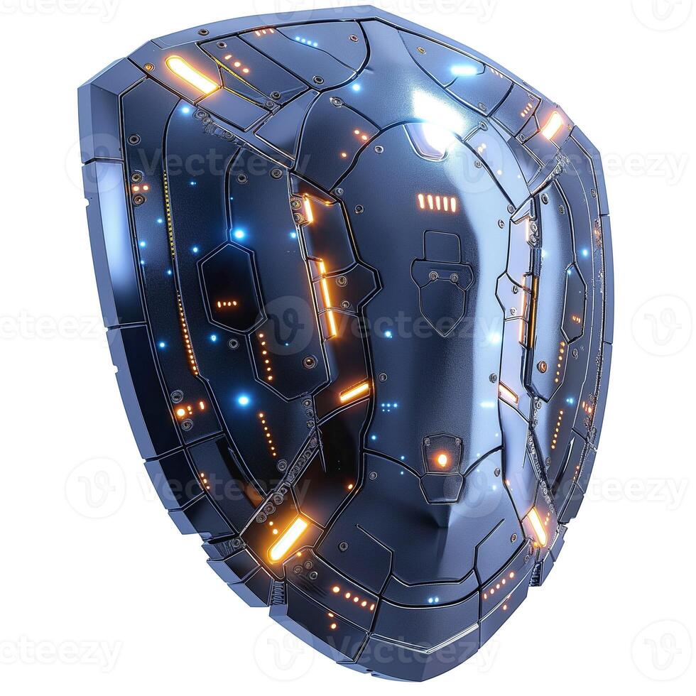 Futuristic blue and orange sci-fi shield design with glowing elements. photo