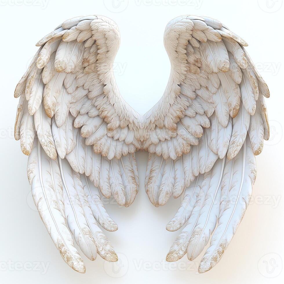 Elegant white angel wings with intricate feather details, conveying a sense of purity and grace. photo