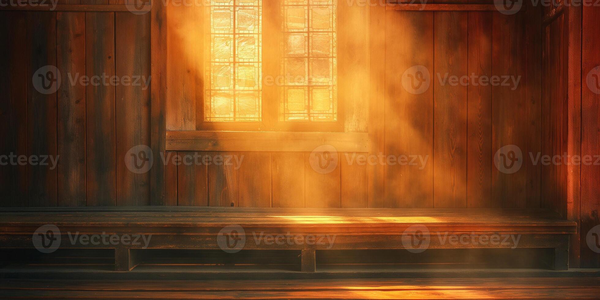Golden light streams through a dusty window, illuminating a rustic wooden interior. photo
