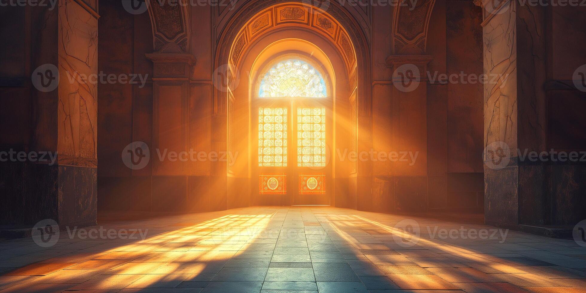 Sunlight streams through ornate doors in a grand, empty hall, creating a serene and mystical atmosphere. photo