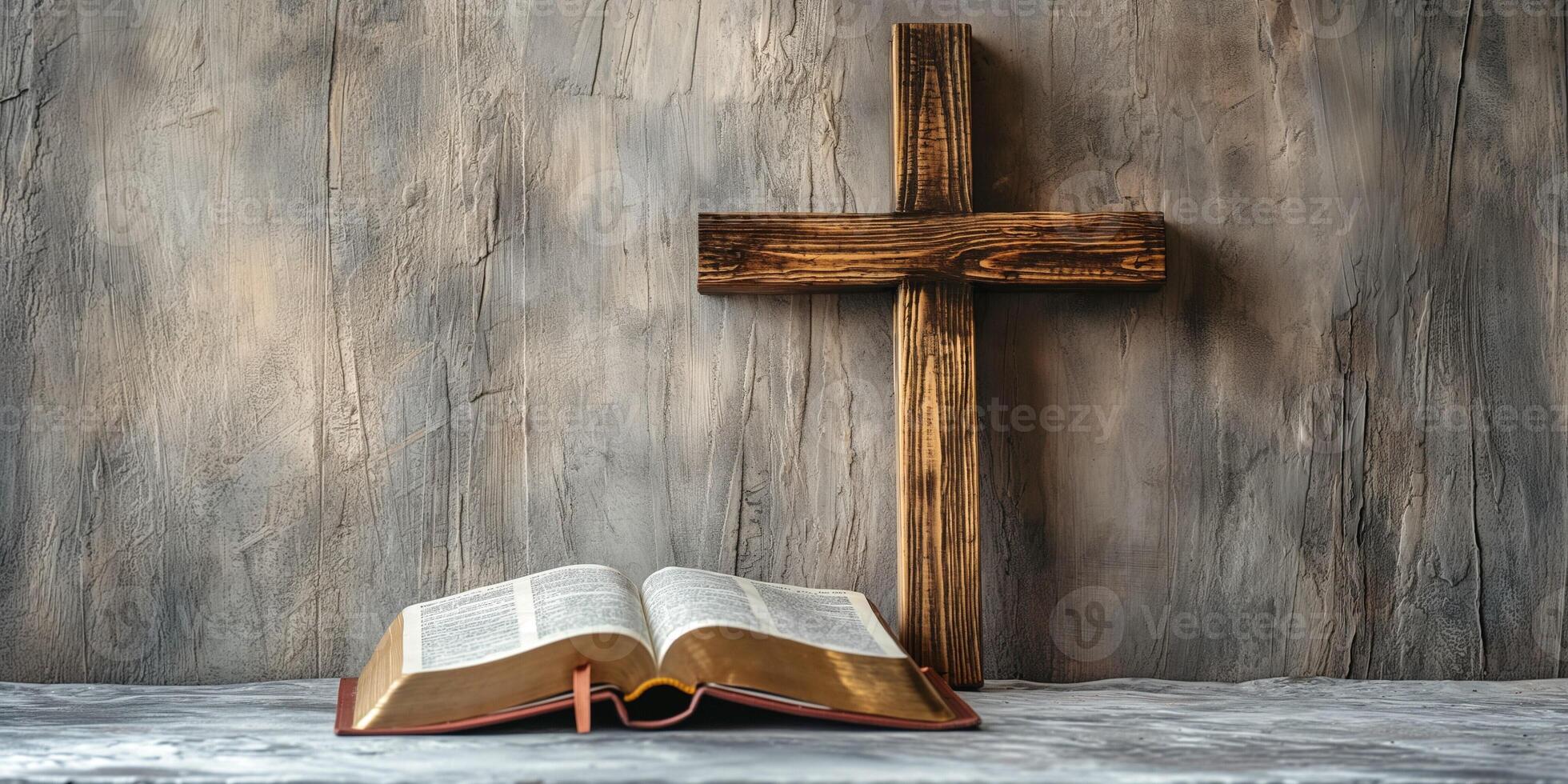 An open Bible resting on a wooden table beside a cross, symbolizing faith and spirituality. photo