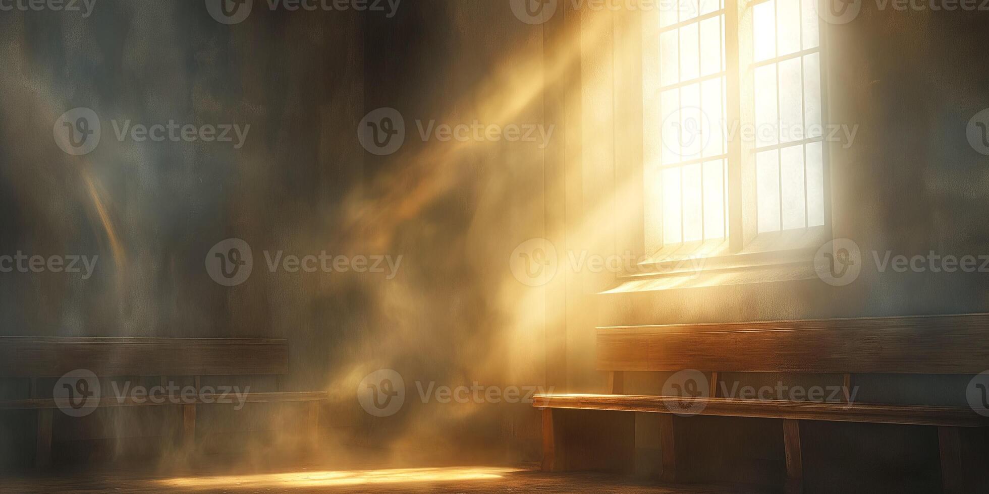 A serene interior scene featuring warm sunlight streaming through a dusty window, illuminating wooden benches. photo