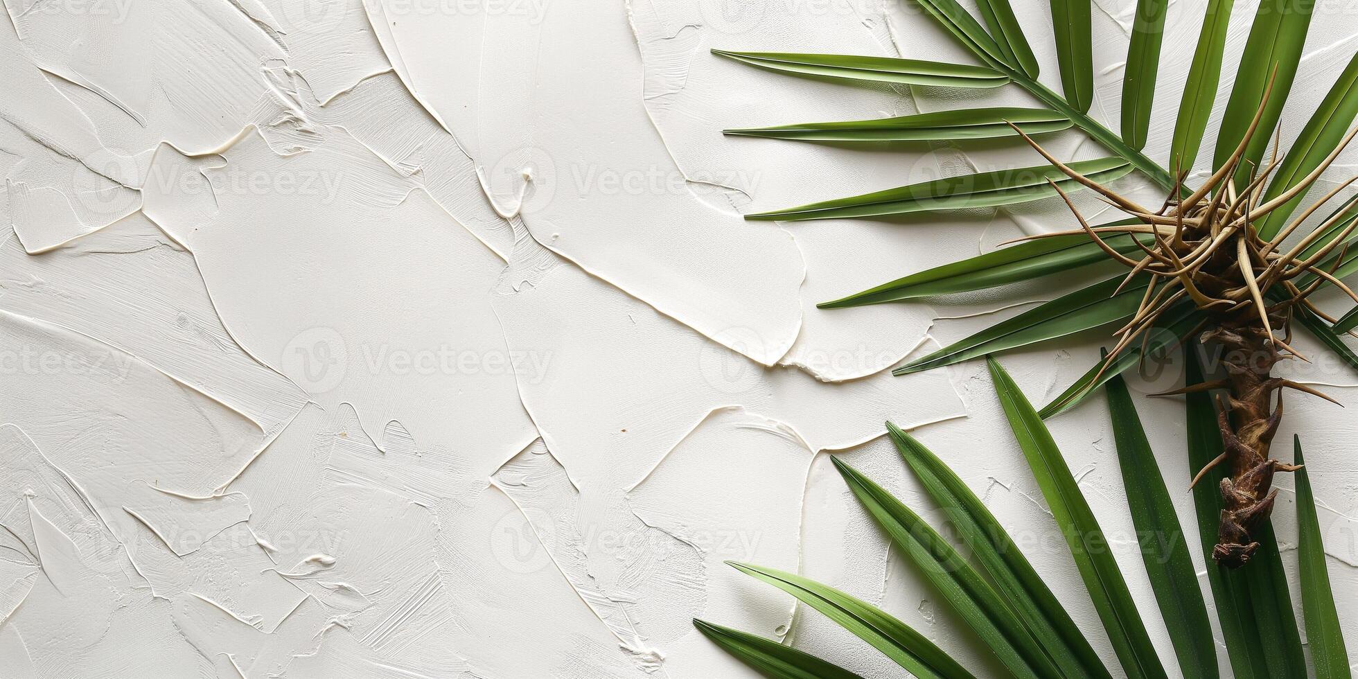 A serene composition featuring green palm leaves against a textured white background, evoking a calm and natural aesthetic. photo