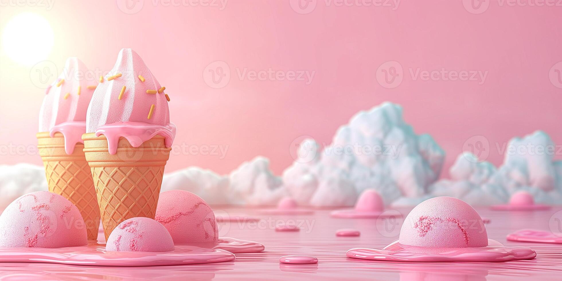A whimsical scene featuring two pink ice cream cones with sprinkles surrounded by melting scoops on a soft pink background. photo