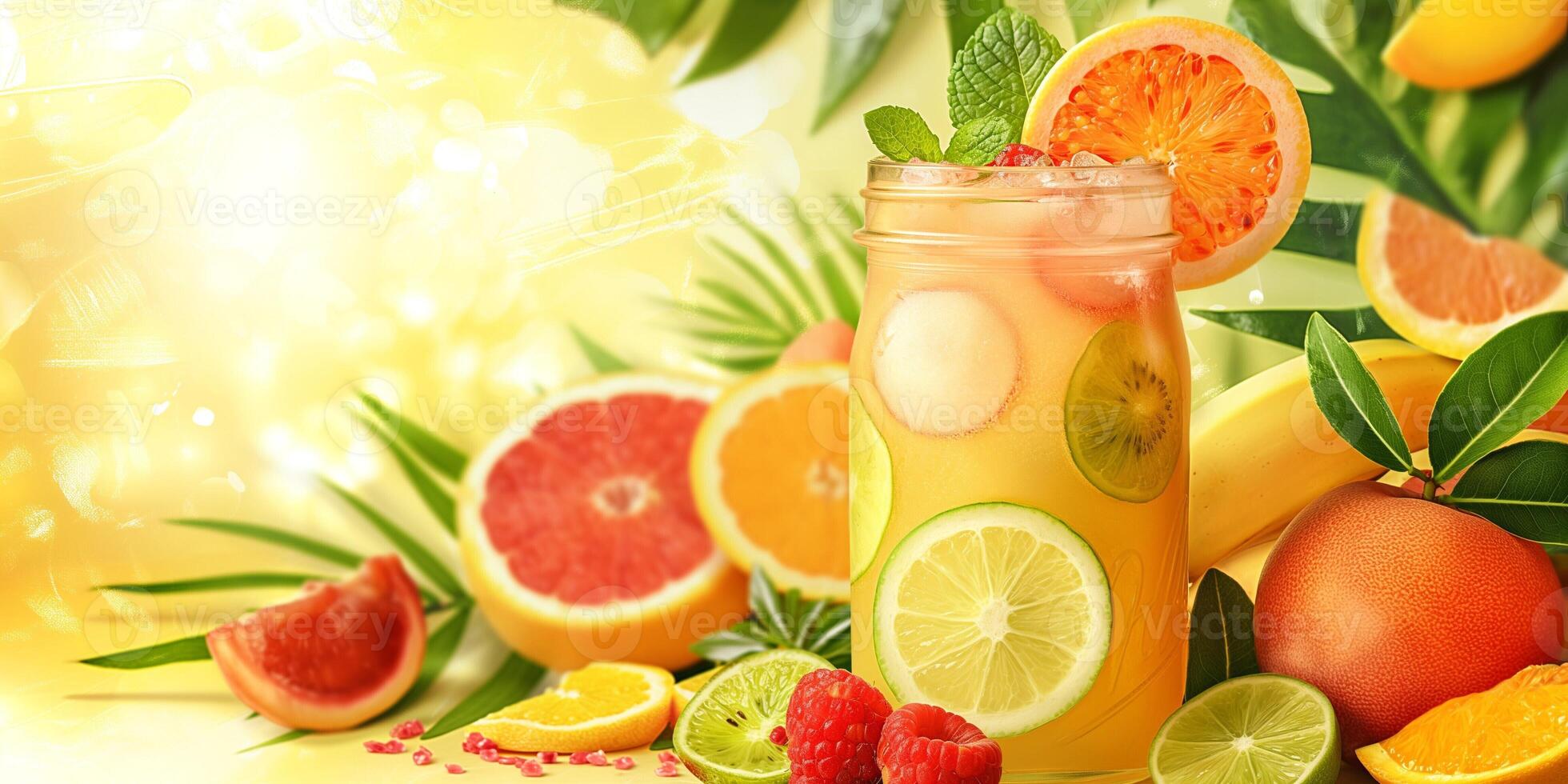 A refreshing fruit-infused drink with vibrant citrus and berries, surrounded by tropical foliage. photo