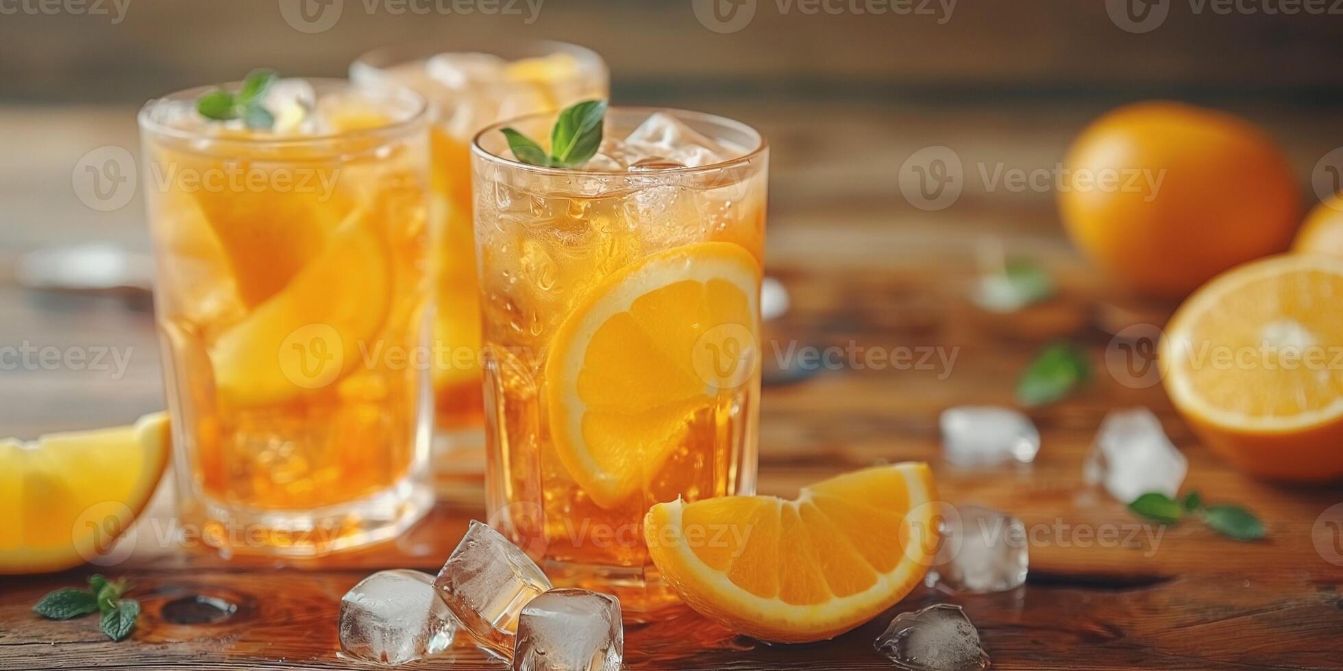 Refreshing iced tea drinks garnished with orange slices and mint on a rustic wooden table. photo