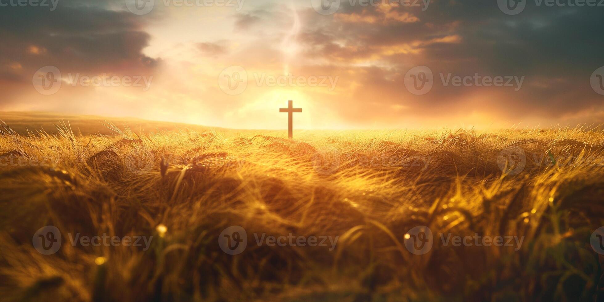A serene sunset over a golden wheat field featuring a prominent cross, evoking peace and reflection. photo