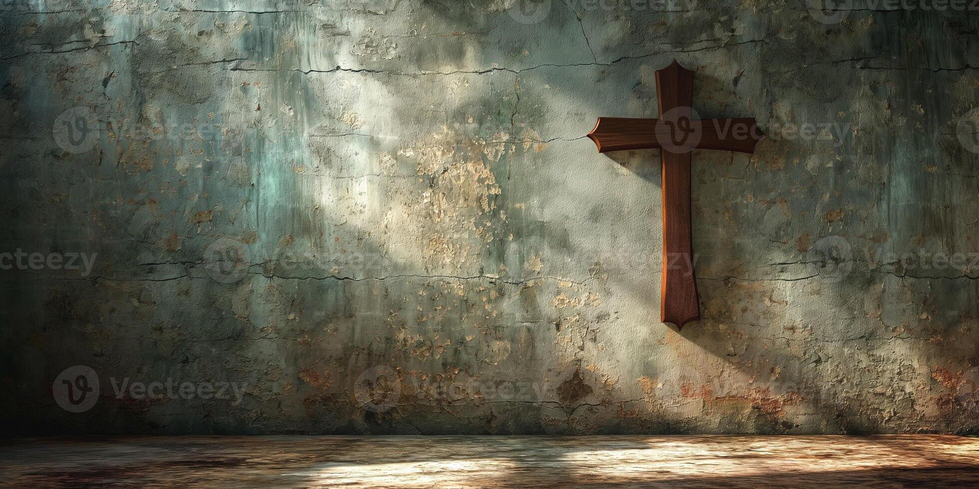 A serene wooden cross mounted on a weathered wall, illuminated by soft, ethereal light. photo