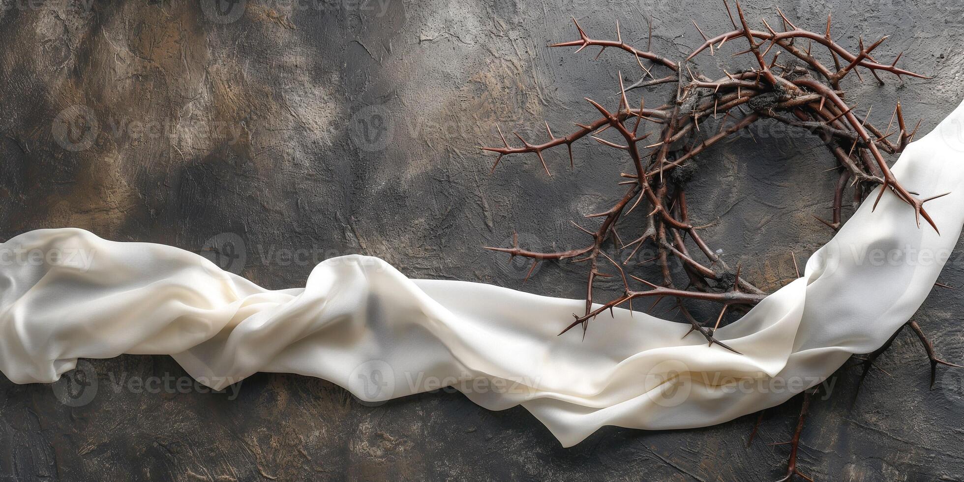 Delicate white satin ribbon flows alongside a rustic crown of thorns, symbolizing contrasts of softness and hardship. photo