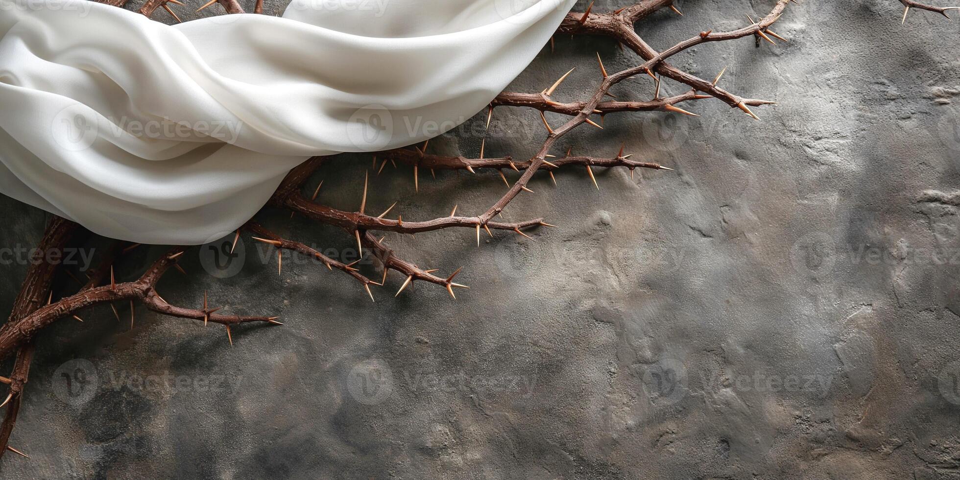 A delicate white fabric draped over sharp, barren branches on an earthy, textured surface. photo