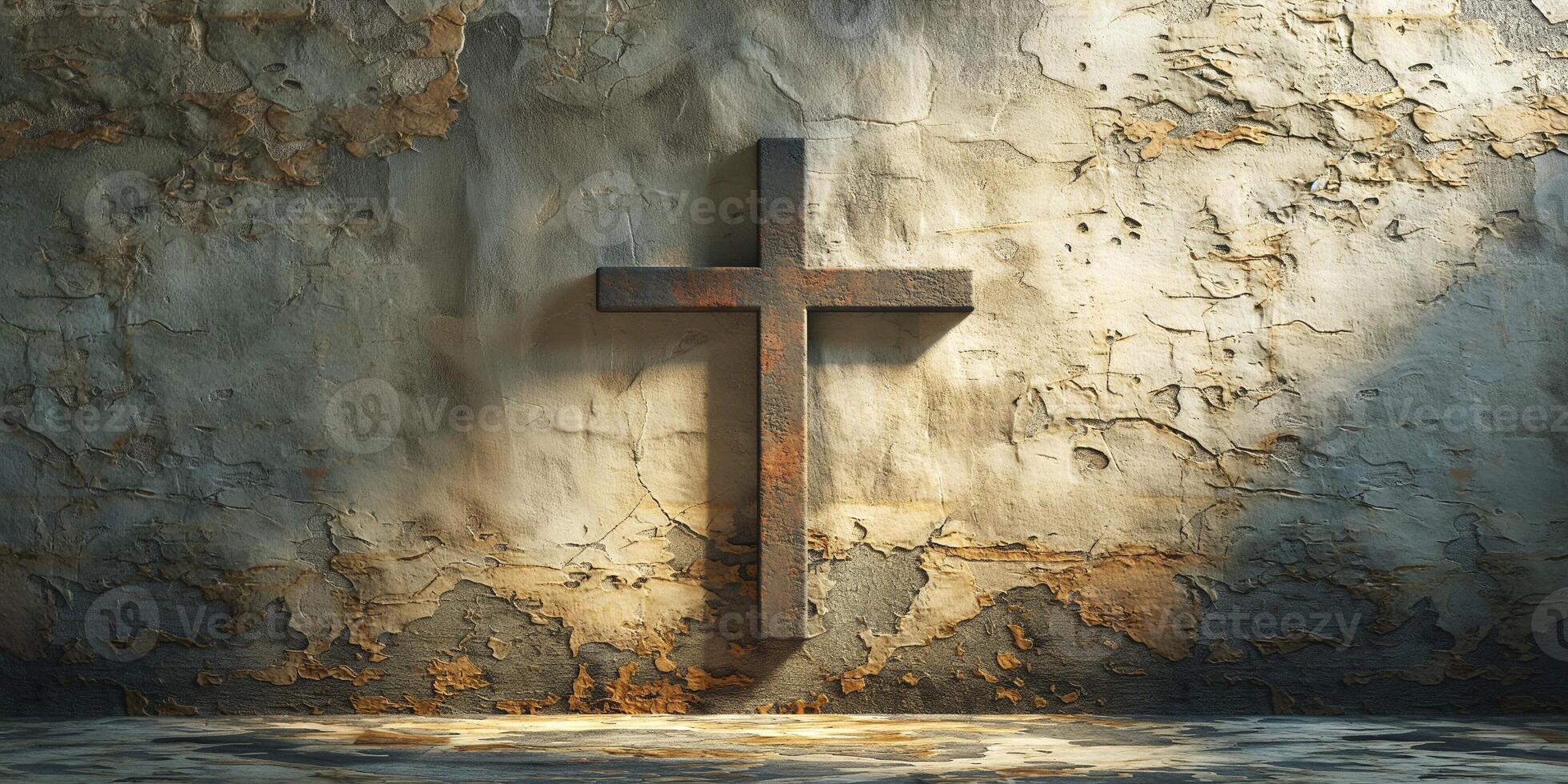 A rustic, weathered wall serves as the backdrop for a large, metallic cross, illuminated by light, evoking a sense of solemnity. photo