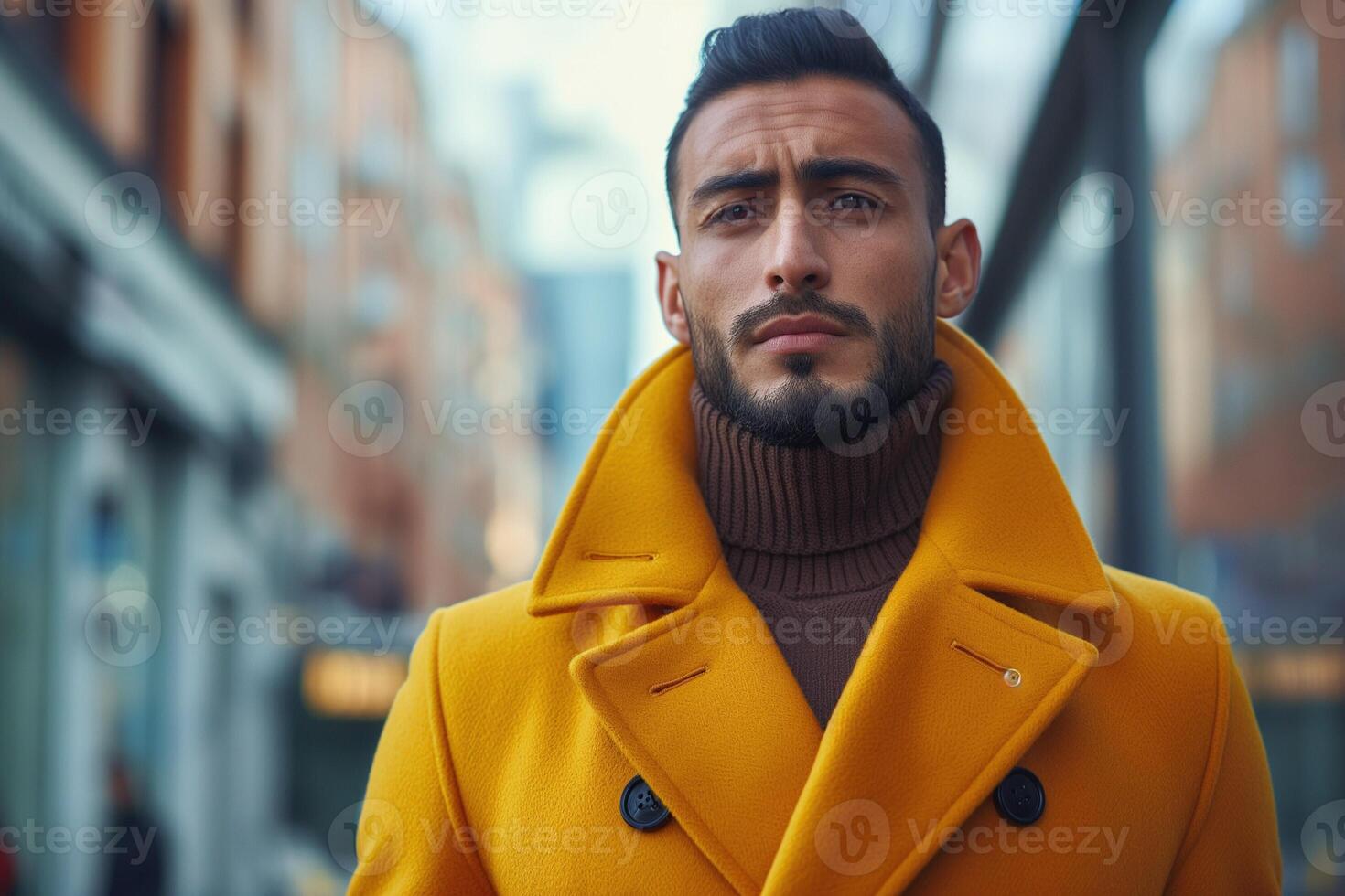 Confident Middle-Eastern man wearing a vibrant yellow coat and turtleneck in a bustling urban setting. photo