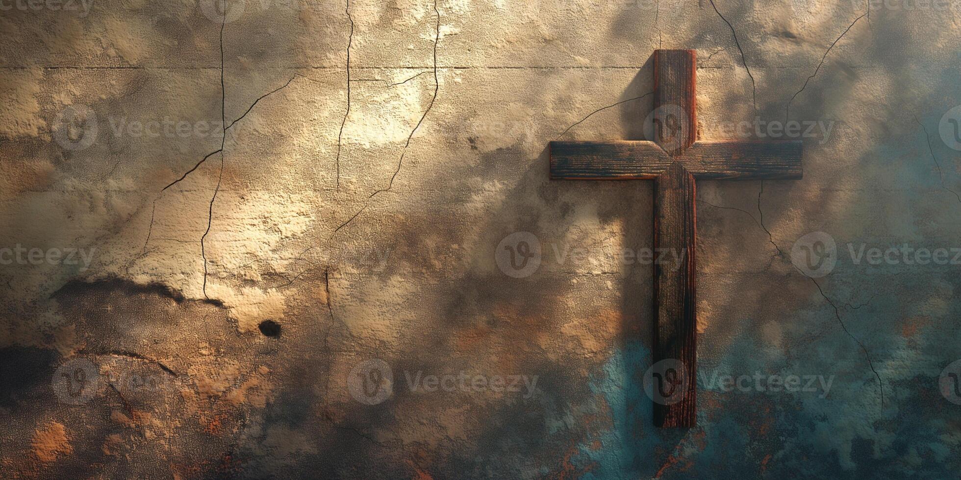 A weathered wooden cross on an ancient, cracked wall, bathed in soft light, evoking a serene and contemplative atmosphere. photo