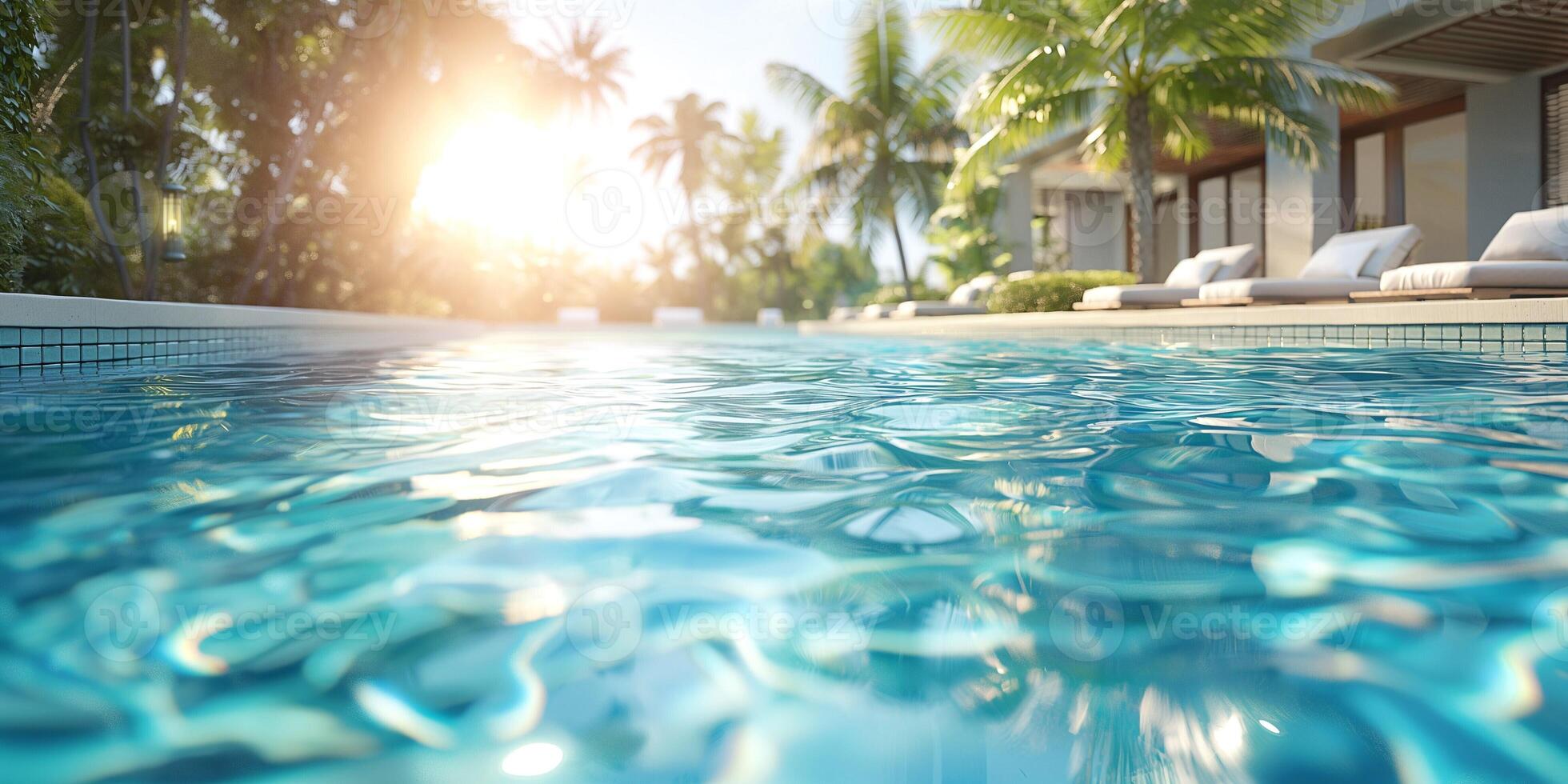 Tranquil outdoor poolside scene with sunlit rippling water surrounded by lush greenery and modern lounges. photo