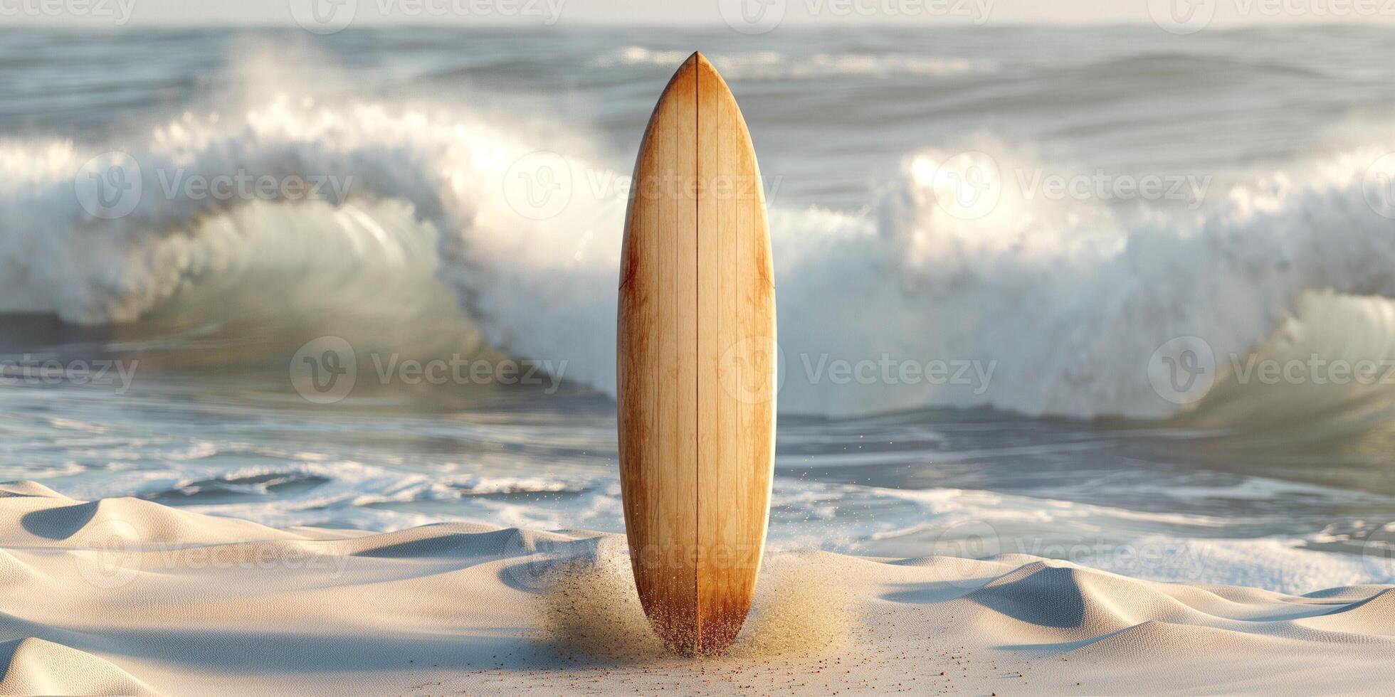 A stunning wooden surfboard stands upright on a sandy beach, framed by crashing ocean waves reflecting the sunlight. photo