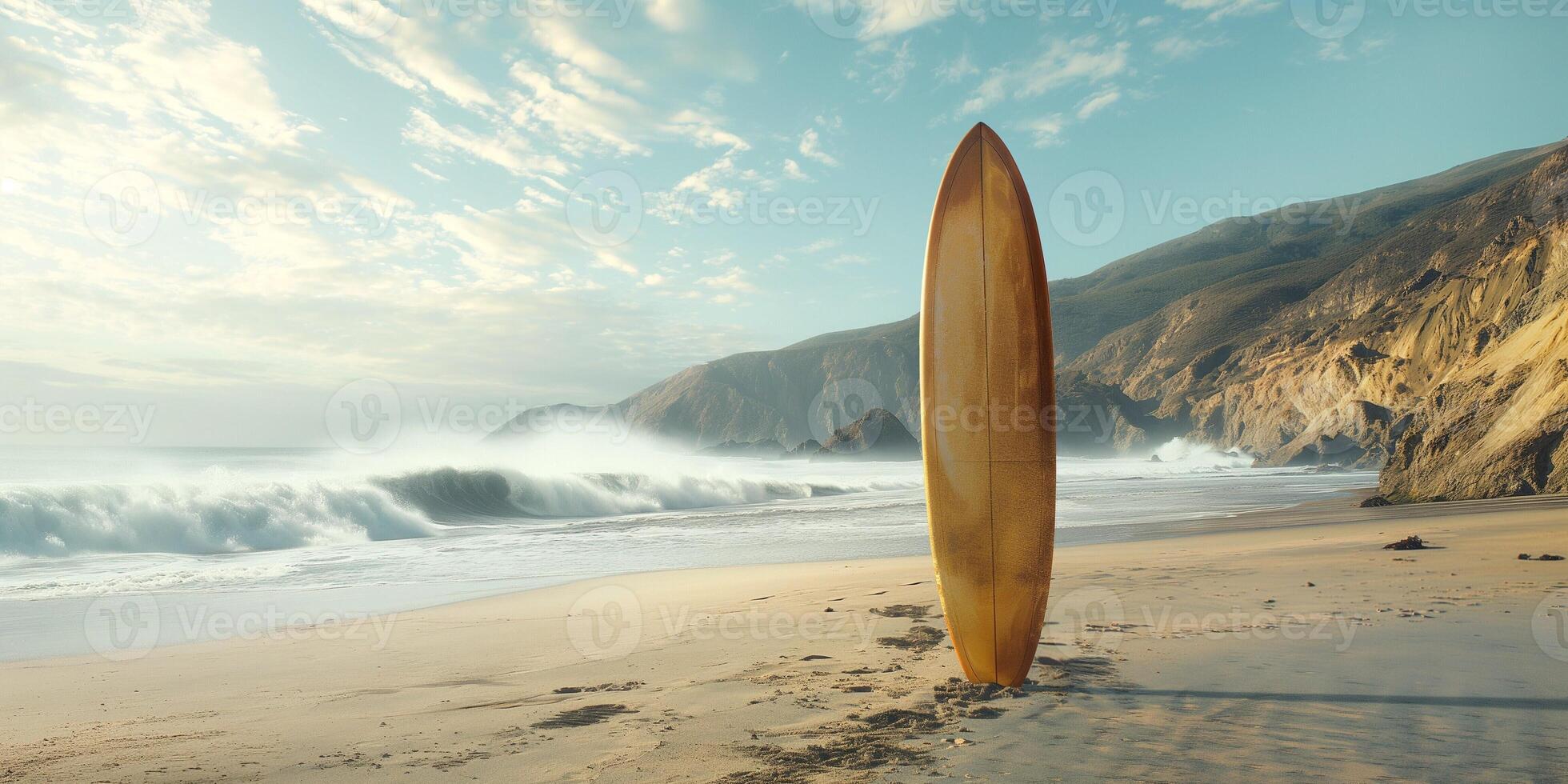 A stunning wooden surfboard stands tall on a sandy beach, kissed by waves and under a beautiful sky. photo