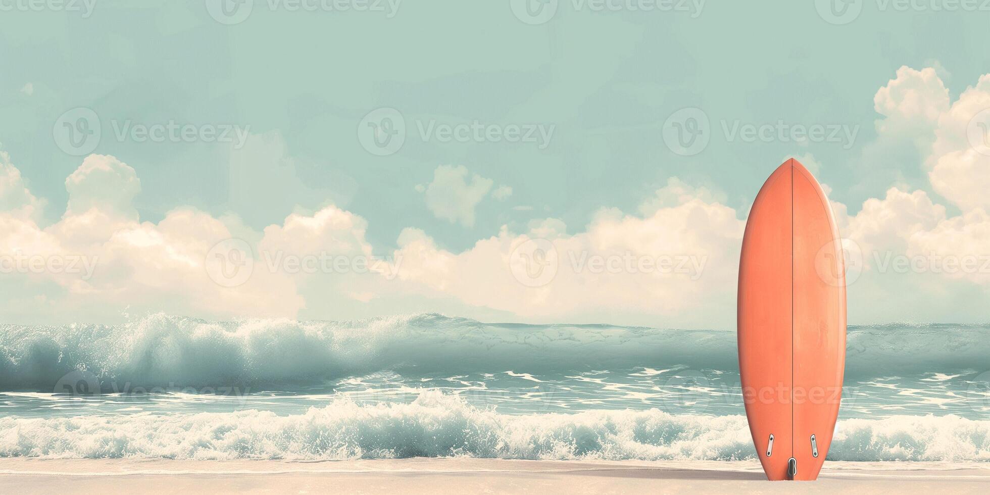 A vibrant orange surfboard stands on the shore, framed by gentle waves under a serene blue sky. photo