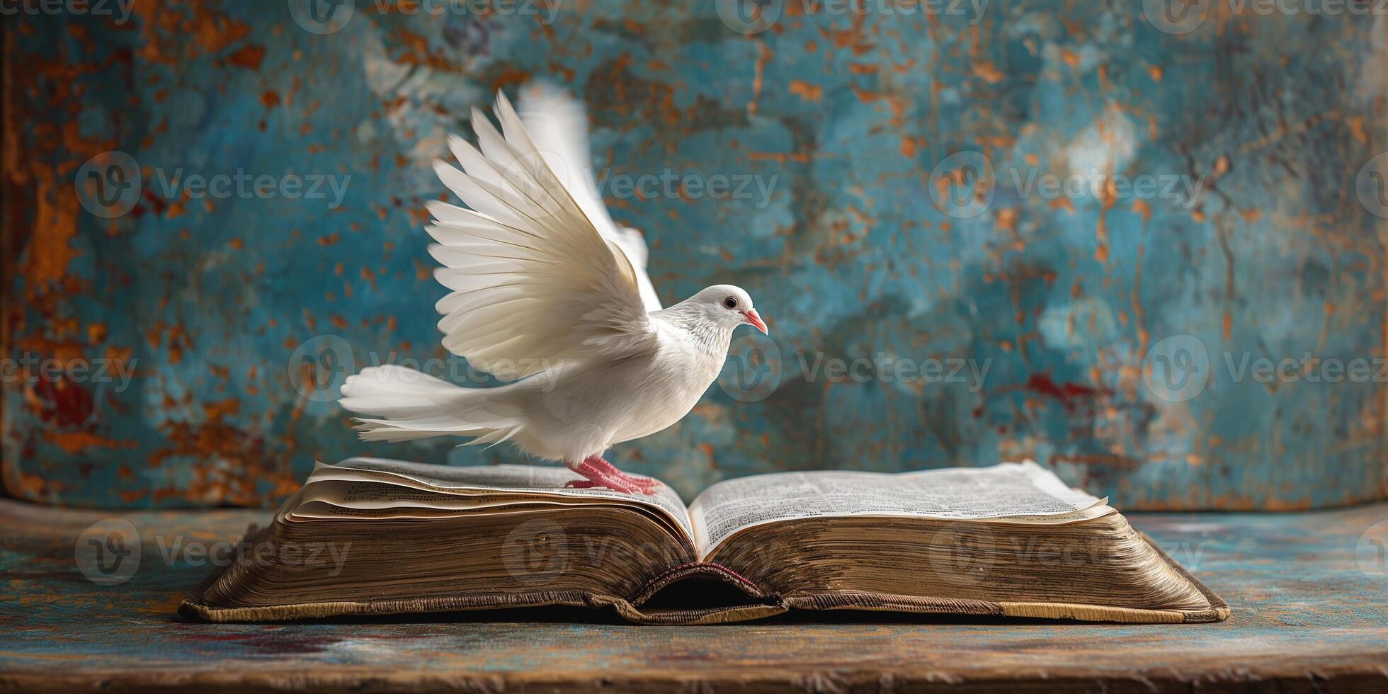 A graceful white dove takes flight from an open book, symbolizing peace and knowledge against a rustic blue background. photo
