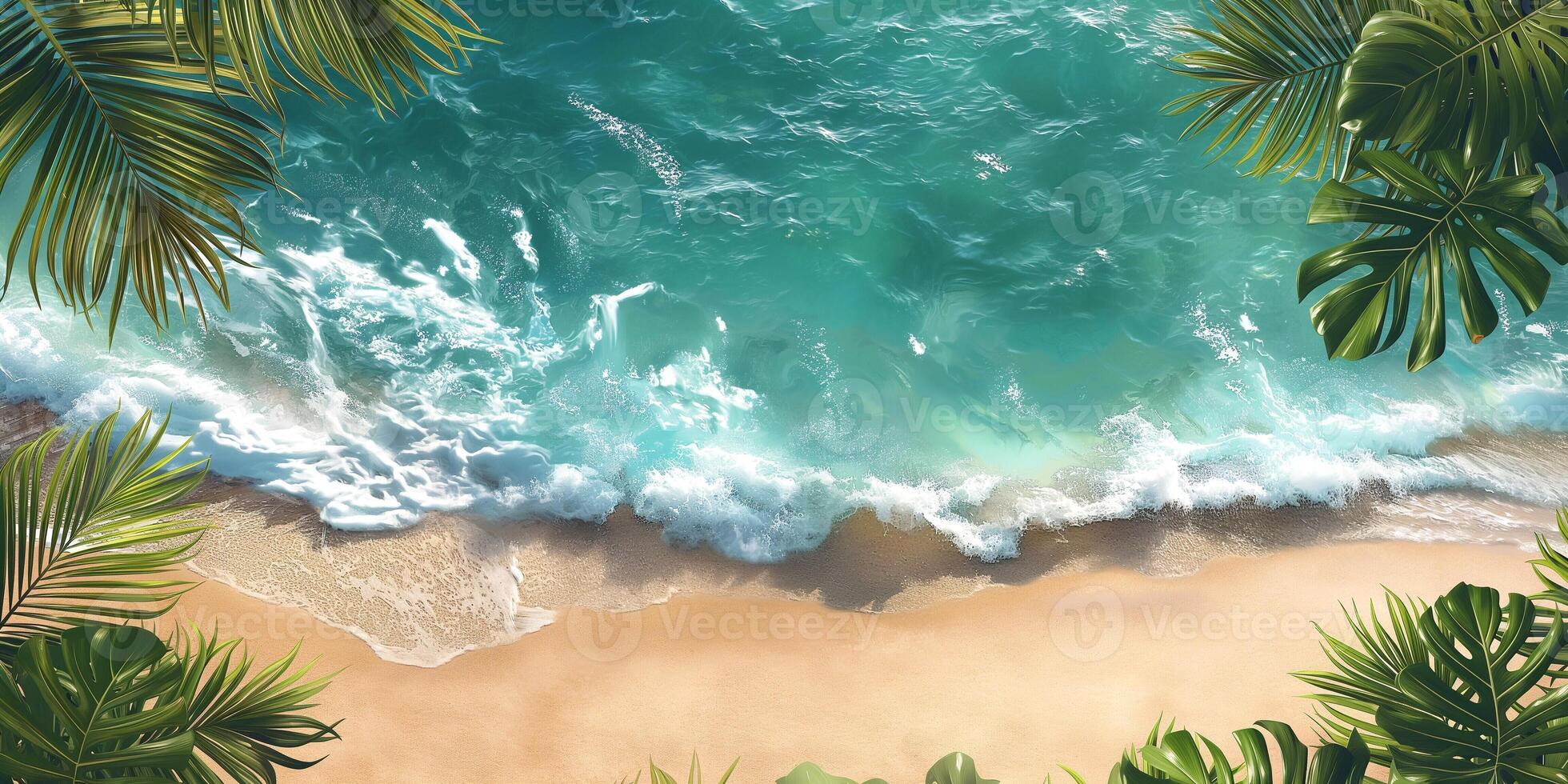 Tranquil tropical beach scene with gentle waves lapping at the sandy shore, framed by lush green foliage. photo