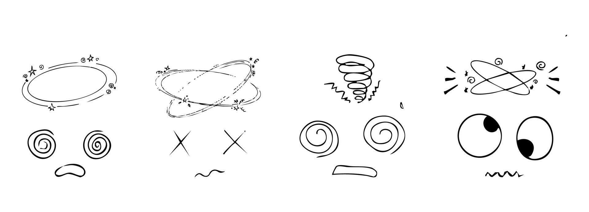 Dizzy effect, headache, sick drawing doodle comic set. dizziness faces, stars overhead anime emotions, crazy hand drawn line collection. vector