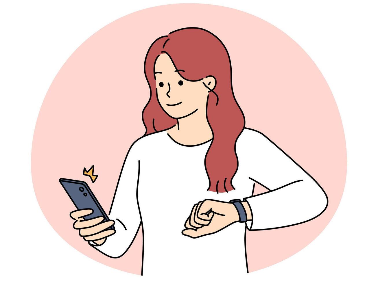Smiling girl get notification on phone and smartwatch vector