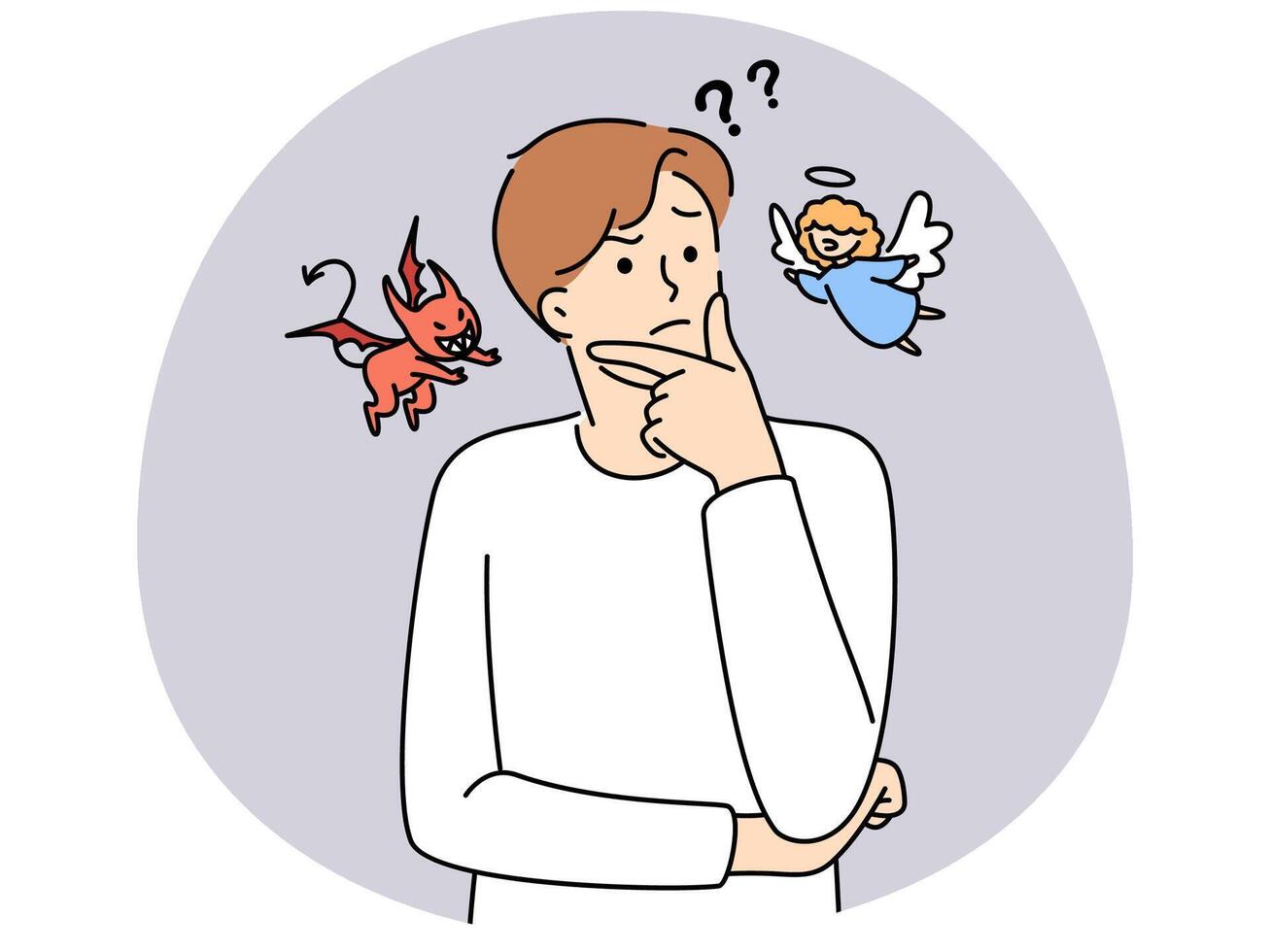 Confused man with devil and angel on sides vector