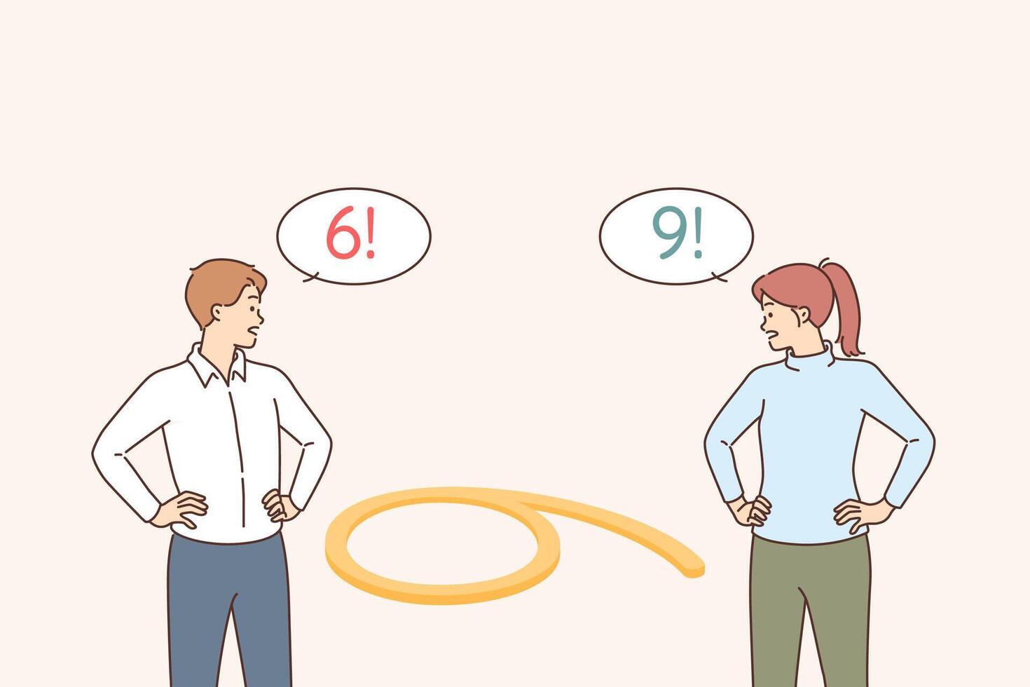 Different opinions about two business people looking at number six or nine from opposite sides vector