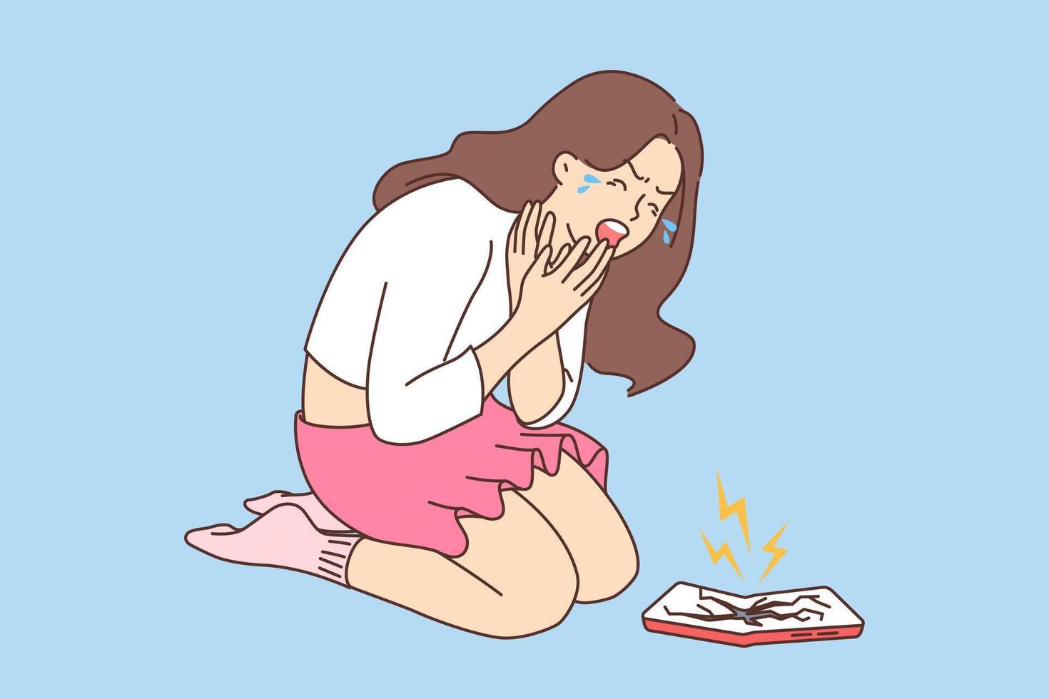 Woman broke phone and cries on knees because of gadget with cracks on screen in need of replacement vector