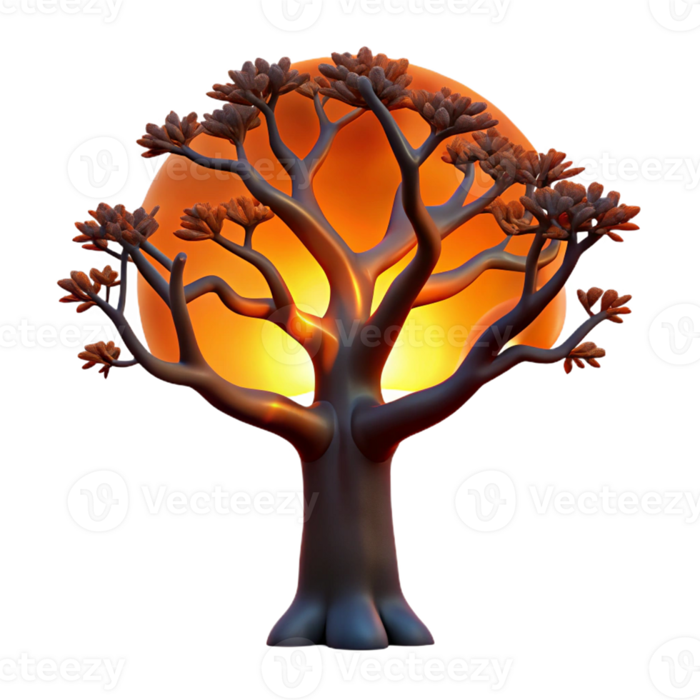 dramatic rustic A lone, gnarled oak tree silhouetted against a fiery orange sunset, dark and moody photography original png