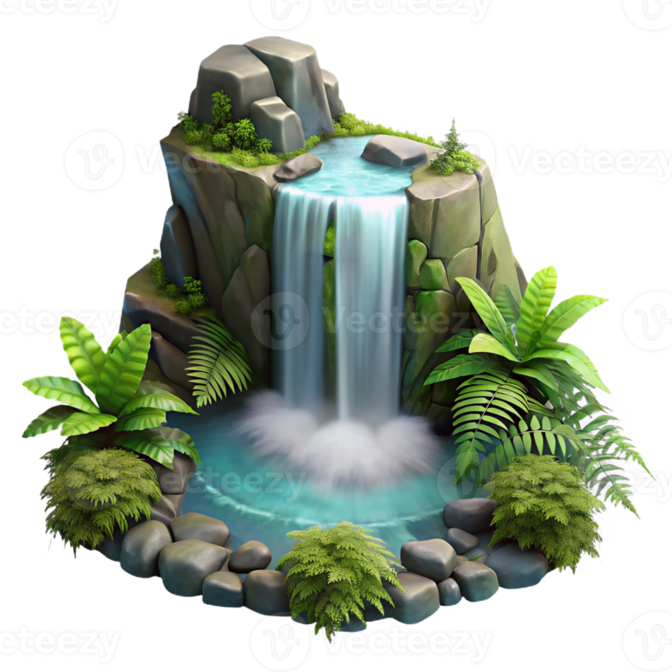 stunning contemporary A cascading waterfall plunging into a misty pool, surrounded by lush ferns and moss, fantasy art style original png