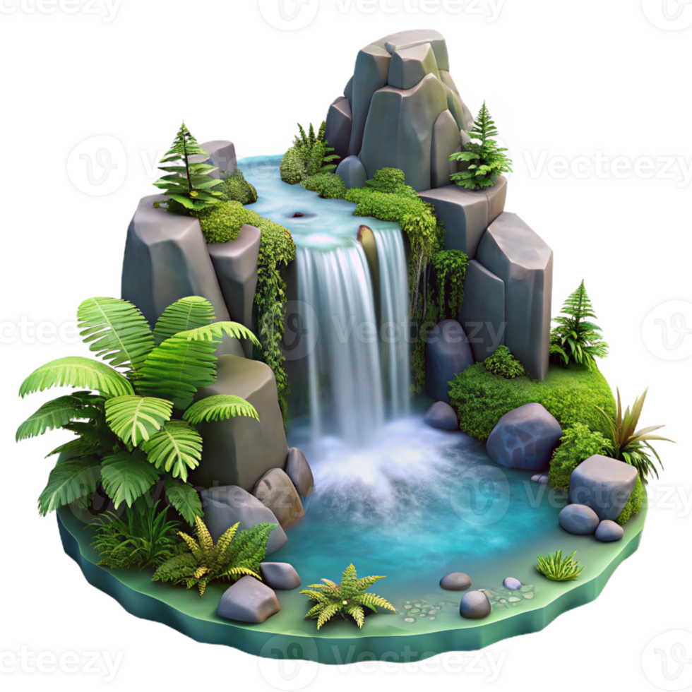 magnificent rustic A cascading waterfall plunging into a misty pool, surrounded by lush ferns and moss, fantasy art style detailed png