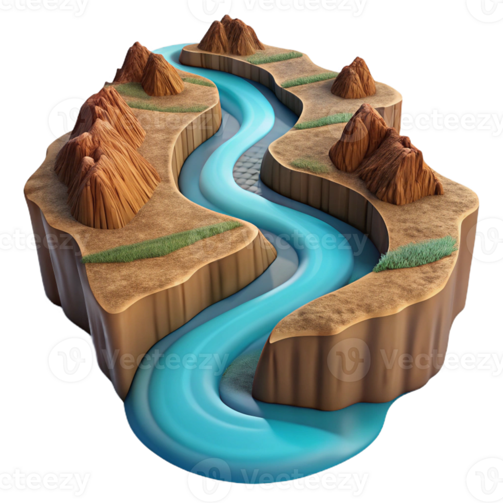 magnificent artistic A winding river cutting through a canyon landscape, aerial photography, dramatic perspective original png