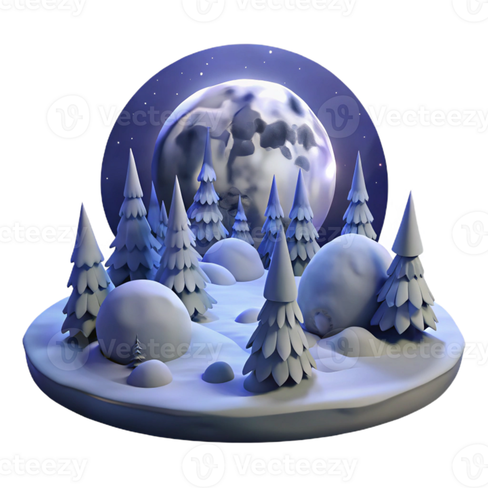 dramatic modern A full moon illuminating a snow-covered forest, winter landscape, magical realism detailed png