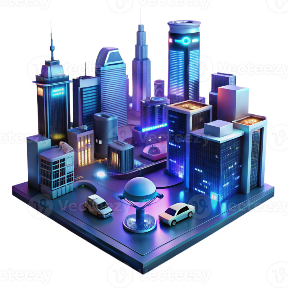 wonderful contemporary A futuristic cityscape at night, towering holographic advertisements, flying vehicles weaving between buildings, neon lights reflecting on wet pavement, cyberpunk style original png